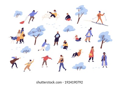 Montaje de árboles en la nieve, actividades al aire libre y gente en vacaciones de invierno. Adultos y niños caminando, jugando, esquiando, patinando y durmiendo. Ilustración vectorial plana coloreada aislada en fondo blanco