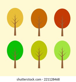 Set of trees for spring, summer and autumn. Different color treetops