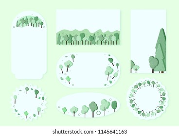 Set of trees stickers composition background. Flat green trees and leaves with decorations design badges. Templates for card, banner, social media network. Vector illustration.