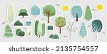 Set of trees stickers with white outline. Vector hand drawn illustration.