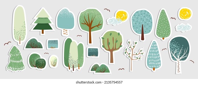 Set of trees stickers with white outline. Vector hand drawn illustration.