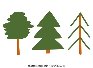 Set of trees in the style of flat. Isolated elements on a white background. Hand drawn vector illustration. Ecology and environment protection. Eco, plants and nature images.