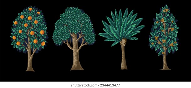 Set of trees such as orange trees, palm and oak Isolted. Vector