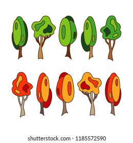 Set of trees. Summer and autumn trees. Isolated image