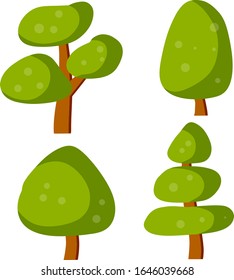 Conjunto de árboles para la naturaleza de verano. Parque y bosque con hojas verdes. Plantas de diferentes formas. Ilustración plana de dibujos animados, 
