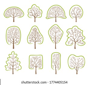set of trees symbol on white, with various shapes. line art vector illustration 