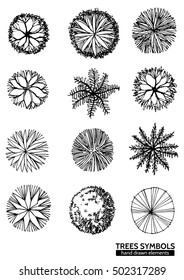 A set of Trees Symbols- top view. use in your landscape design,hand drawn elements.-vector illustration