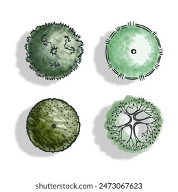 Establecer la vista superior de los árboles en color. Pictogramas para Planes generales de diseño paisajístico en estilo boceto con sombra. Aislado sobre fondo blanco. Vector.