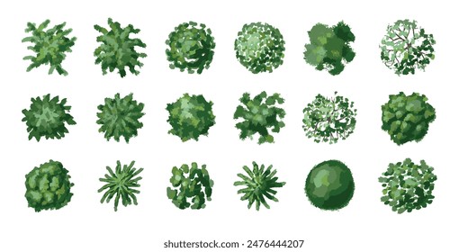 Conjunto de árboles de la ilustración de vista superior. Diferentes plantas y árboles Vector conjunto para el diseño arquitectónico o paisajístico. (Vista desde arriba) Naturaleza espacios verdes. Ilustración vectorial.