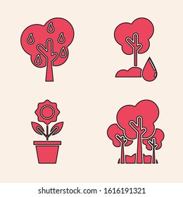Set Trees, Tree with pears, Watering Tree and Flower in pot icon. Vector