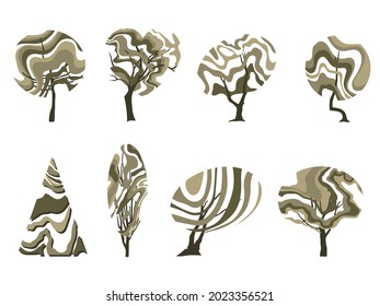 A set of trees with an unusual crown made of wavy lines. Architectonics of woody plants. Color gamut 2021