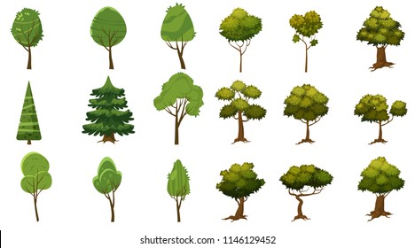 Set of trees of various kinds, cartoon style and stylized, for erg and applications, vector, illustration, isolated