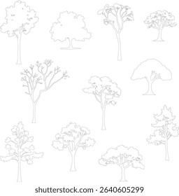 set of trees vector, broadleaved outline sketch trees collection isolated on white background	