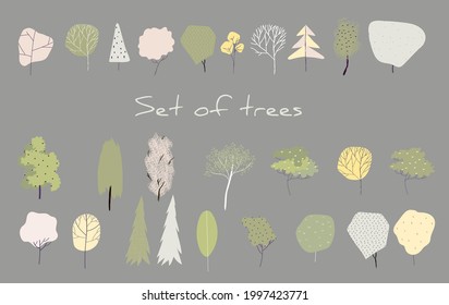 Set of trees. Vector decorative trees for creating designs, illustrations, cards, patterns, prints.