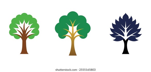 Set of trees vector design in a nature park's simple flat forest flora environment.