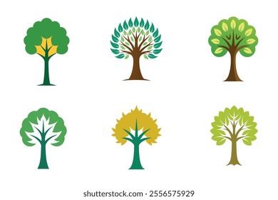 Set of trees vector design in a nature park's simple flat forest flora environment.