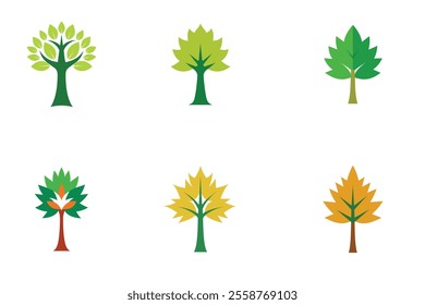 Set of trees vector design in a nature park's simple flat forest flora environment.