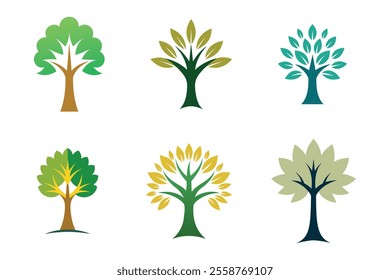 Set of trees vector design in a nature park's simple flat forest flora environment.