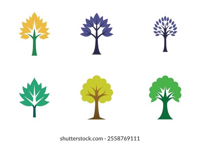 Set of trees vector design in a nature park's simple flat forest flora environment.