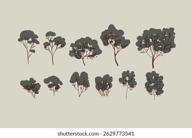 Set of trees vector graphic, background, clipart, facades, garden, landscape, nature.