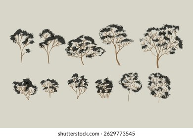 Conjunto de árboles Vector gráfico, fondo, Clipart, fachadas, jardín, paisaje, naturaleza.
