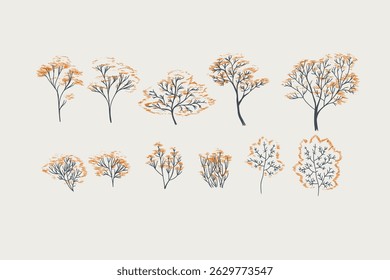 Set of trees vector graphic, background, clipart, facades, garden, landscape, nature.