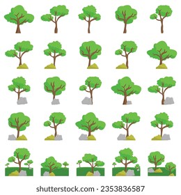 Conjunto de iconos vectoriales de árboles. Colección de árboles verdes sobre fondo blanco. Elementos de diseño. Ilustración vectorial al estilo de las caricaturas.