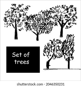 Set of trees vector illustration. Black trees doodles isolated on white background.