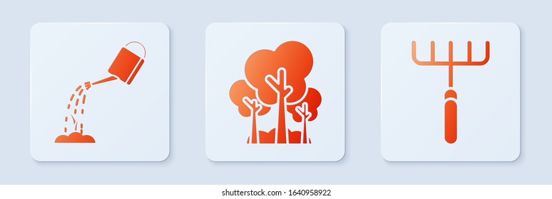 Set Trees, Watering can with water and Garden rake. White square button. Vector