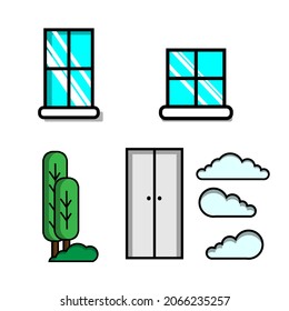 Set of trees, windows, doors and clouds 3d isometric nature elements on white background for landscape design. Isolated vector illustration. Icons for city map, house