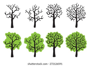 Set of trees with and without foliage, solated vector illustration