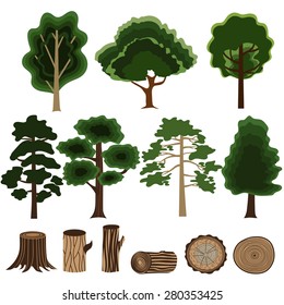 Set with trees. Wood sectional, stump. Various types of trees for your design