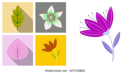 Set of trees,leaves and flowers in flat concepts with shadow