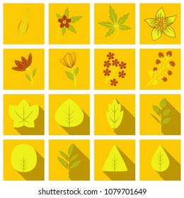 Set of trees,leaves and flowers in flat concepts with shadow