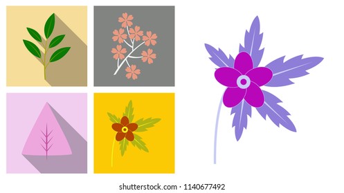 Set of trees,leaves and flowers in flat concepts with shadow