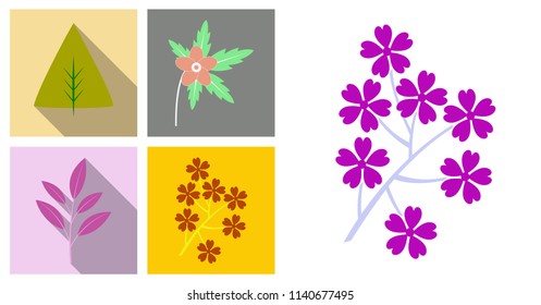 Set of trees,leaves and flowers in flat concepts with shadow