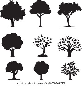 set of trees,tree, silhouette, vector, nature, leaf, illustration, forest, branch, palm, black, plant, pine, set, oak, flower, trees, wood, icon, design, leaves, collection, outline, birch, art, park