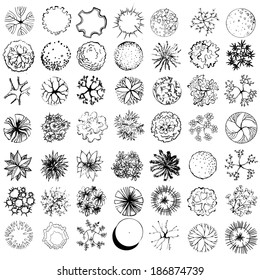 A set of treetop symbols, for architectural or landscape design, black and white