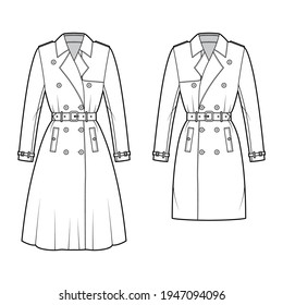 Set Trench coats technical fashion illustration and belt  double breasted  long sleeves  napoleon wide lapel collar  storm flap  Flat jacket template front  white color  Women  men top CAD mockup
