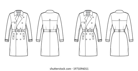 Set of Trench coats technical fashion illustration with belt, double breasted, long sleeves, napoleon wide lapel collar, knee length. Flat jacket template front, back, white color. Women, men, top CAD