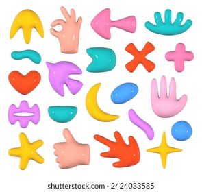 Set of trend abstract 3d shapes in cartoon style. Collection of realistic decorative elements for design in soft multicolored colors. Y2K.  Vector 3d shapes Isolated on white background.