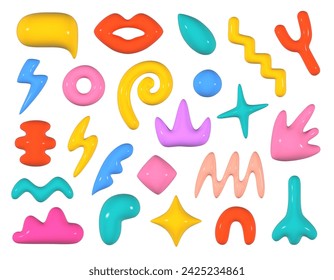 Set of trend abstract 3d shapes in cartoon style. Collection of realistic decorative elements for design in soft multicolored colors. Y2K.  Vector 3d shapes Isolated on white background.