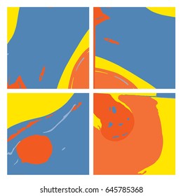 Set of trend abstract marbling paint wave divorces patterns in blue, yellow and orange colors.