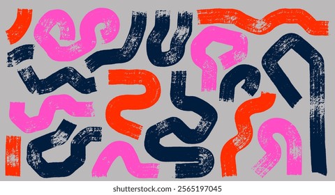 Set of trend brush strokes vector. Paintbrush orange, pink, black collection. Hand draw brush texture banners. Grunge design elements. Painted round, circle, long and diagonal strokes.