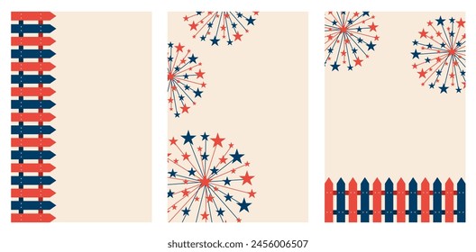 Set trend Groovy Card Frame Template with Fireworks explosion and rustic fence. Design Birthday poscard, poster in pastel Minimalism style. EPS 10 Artistic vector.