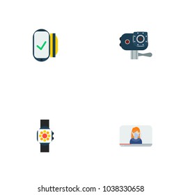 Set of trend icons flat style symbols with action cam, contactless, video blogger and other icons for your web mobile app logo design.