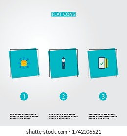 Conjunto de iconos de tendencia símbolos de estilo plano con sin contacto, vape, big data y otros iconos para el diseño del logotipo de la aplicación móvil web.