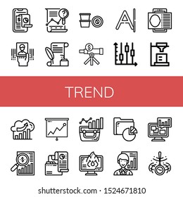 Set of trend icons. Such as Analysis, Business card, Letter, Coffee capsule, Candlestick, Contact card, Analyst, Market analysis, Data loss, Hypnosis , trend icons