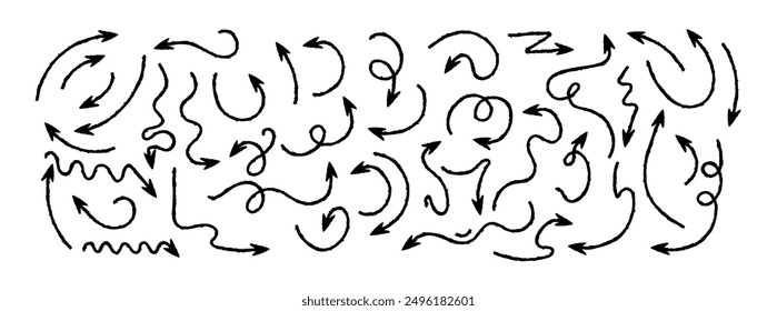Set trend line arrows. Doodle and hand drawn. Collection of curves drawn by hand and pencil. Sign and symbol, elements. Abstract brush scribbles. Curves, circles. Shapes. Underline. Down and up. Mark