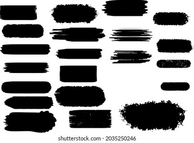 Conjunto de pinturas de tendencia, trazos de pincel de tinta, pinceles, líneas, gruñido. Elementos de diseño artístico sucio, cuadros, cuadros. Colección de pintura negra, trazos de pincel de tinta. Formas artísticas creativas. Ilustración del vector